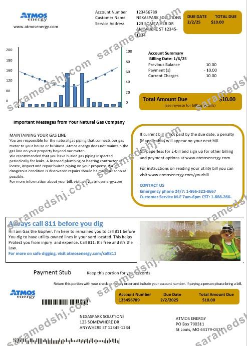 USA Virginia Atmos Energy business utility bill template in Word and PDF formats
